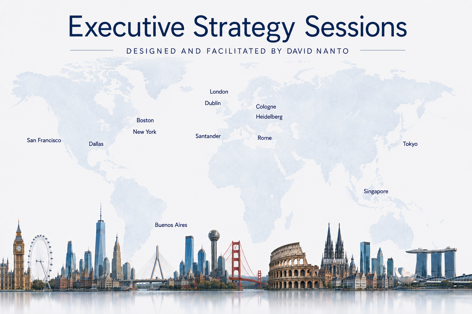 Executive Strategy Sessions graphic showing global session locations