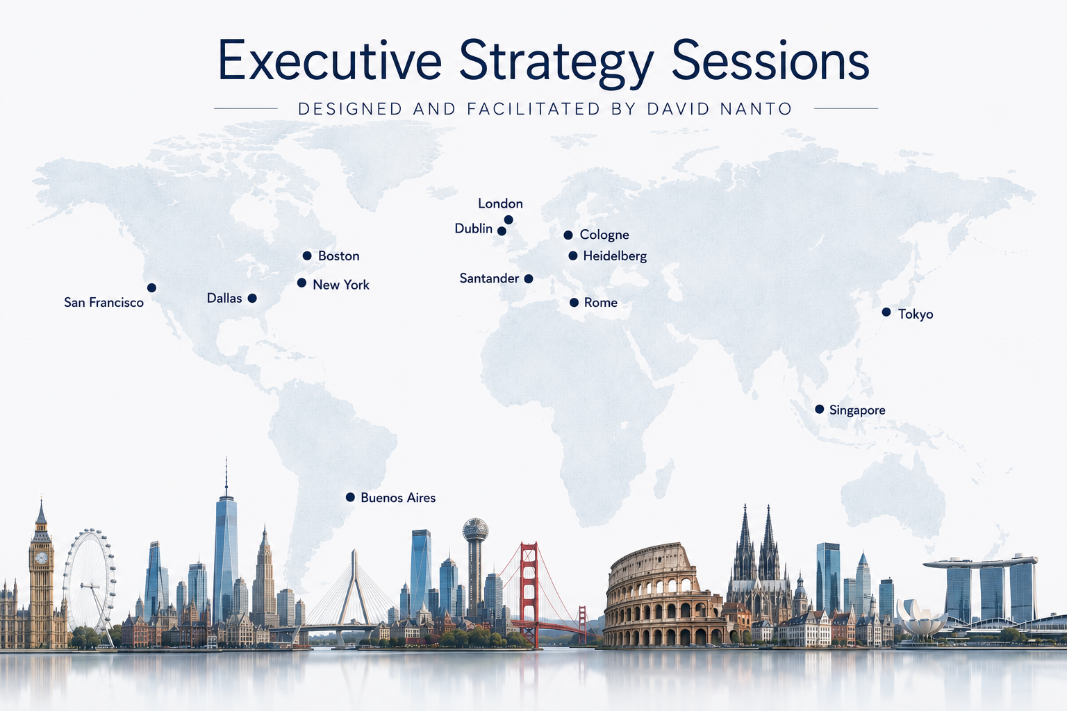 Executive Strategy Sessions graphic showing global session locations
